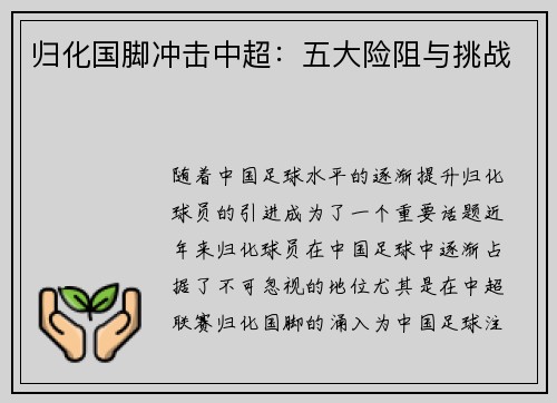 归化国脚冲击中超：五大险阻与挑战