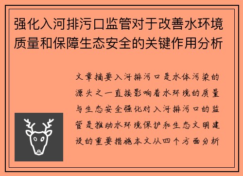 强化入河排污口监管对于改善水环境质量和保障生态安全的关键作用分析